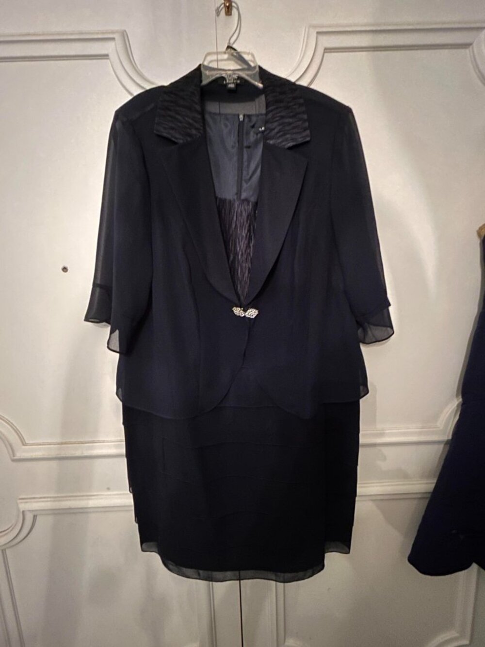 NWT Navy Blue Double Layer Chiffon Le Bos Jacket Cocktail Dress j